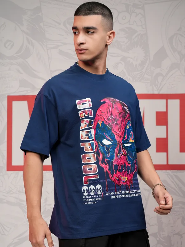 Marvel By Highlander Men Navy Blue Deadpool Printed Round Neck Oversized Fit T-Shirt