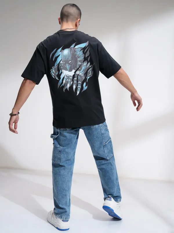 Marvel By Highlander Men Black Black Panther Printed Round Neck Oversized Fit T-Shirt