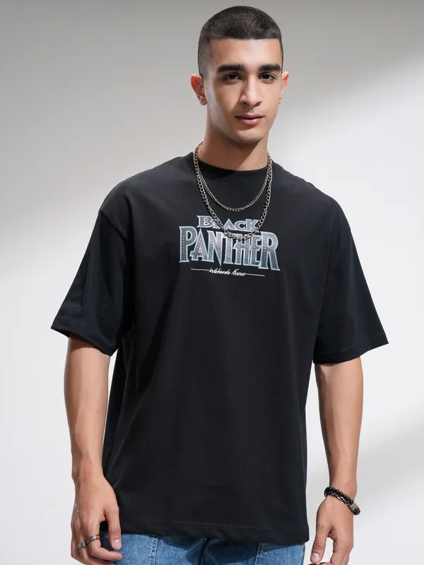 Marvel By Highlander Men Black Black Panther Printed Round Neck Oversized Fit T-Shirt