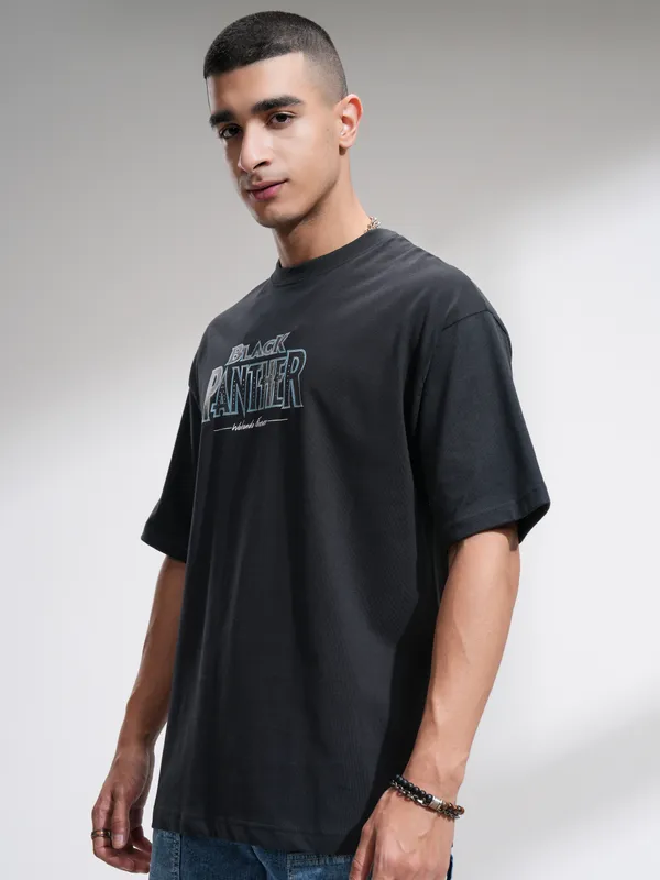 Marvel By Highlander Men Black Black Panther Printed Round Neck Oversized Fit T-Shirt