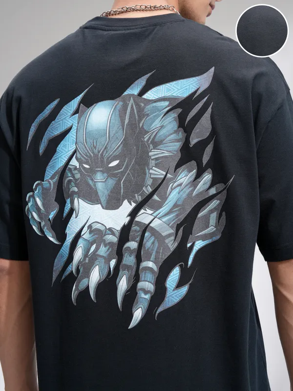 Marvel By Highlander Men Black Black Panther Printed Round Neck Oversized Fit T-Shirt