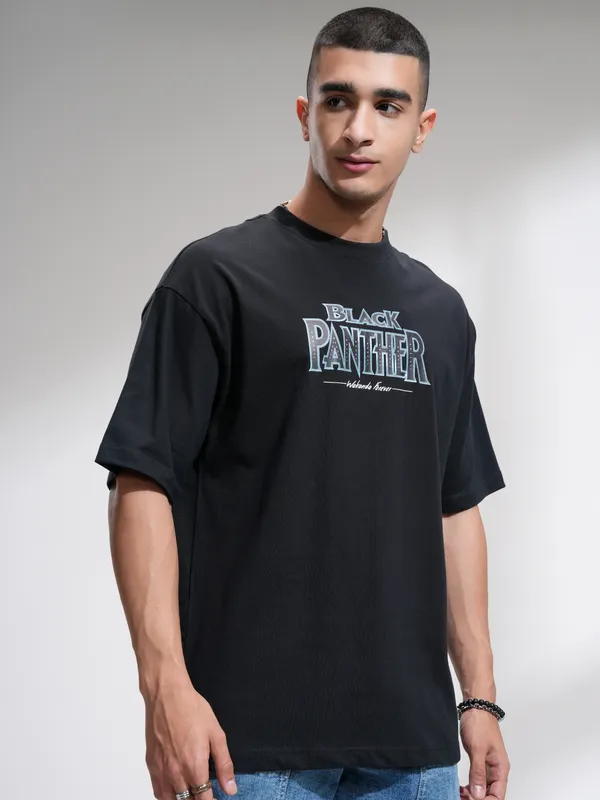 Marvel By Highlander Men Black Black Panther Printed Round Neck Oversized Fit T-Shirt