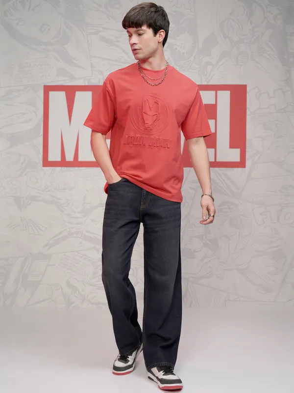 Marvel By Highlander Men Red Iron Man Self Design Round Neck T-Shirt
