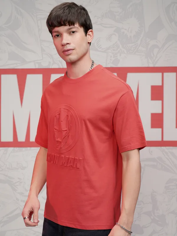Marvel By Highlander Men Red Iron Man Self Design Round Neck T-Shirt