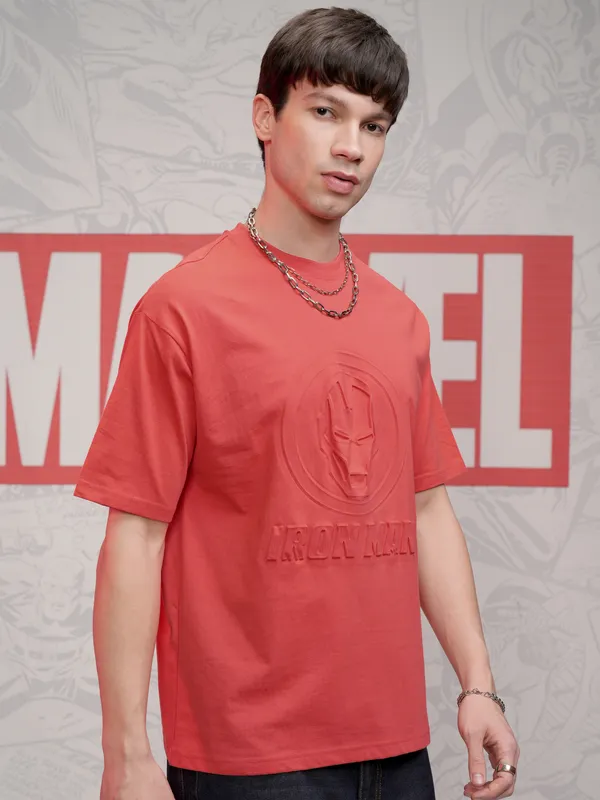 Marvel By Highlander Men Red Iron Man Self Design Round Neck T-Shirt
