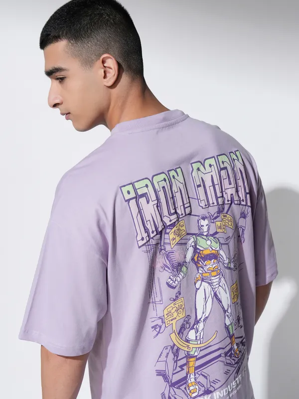 Marvel By Highlander Men Mauve Iron Man Printed Round Neck Oversized Fit T-Shirt