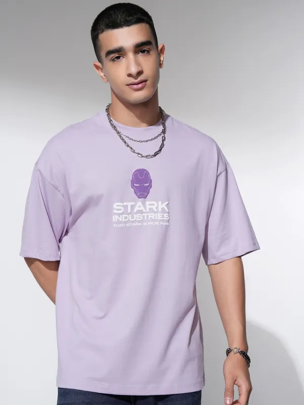 Marvel By Highlander Men Mauve Iron Man Printed Round Neck Oversized Fit T-Shirt