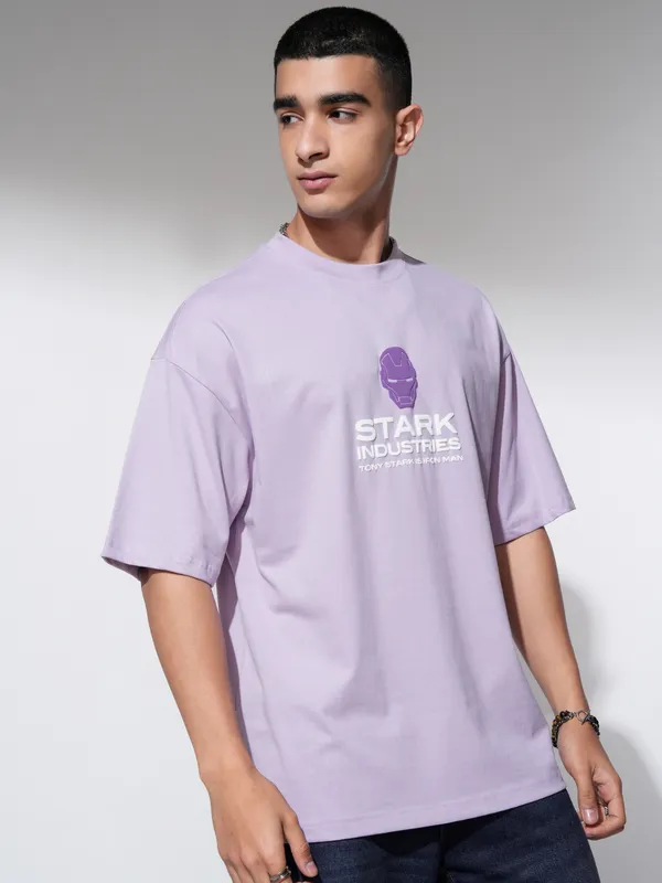 Marvel By Highlander Men Mauve Iron Man Printed Round Neck Oversized Fit T-Shirt