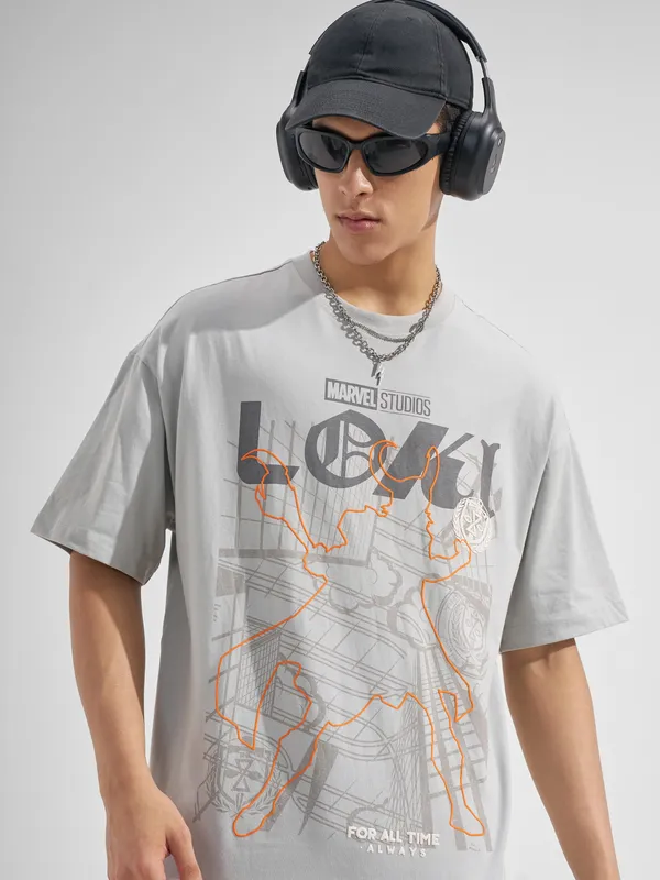 Marvel By Highlander Men Grey loki Printed Round Neck Oversized Fit T-Shirt