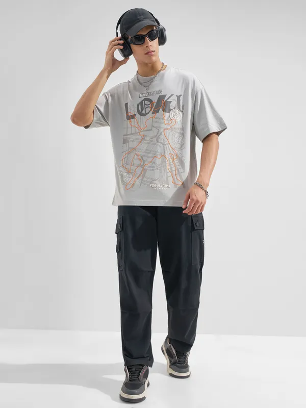 Marvel By Highlander Men Grey loki Printed Round Neck Oversized Fit T-Shirt
