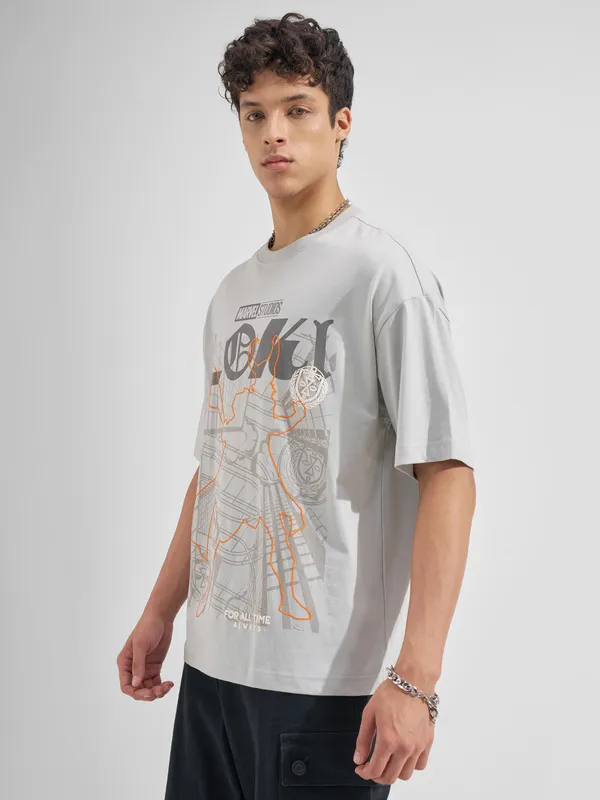 Marvel By Highlander Men Grey loki Printed Round Neck Oversized Fit T-Shirt