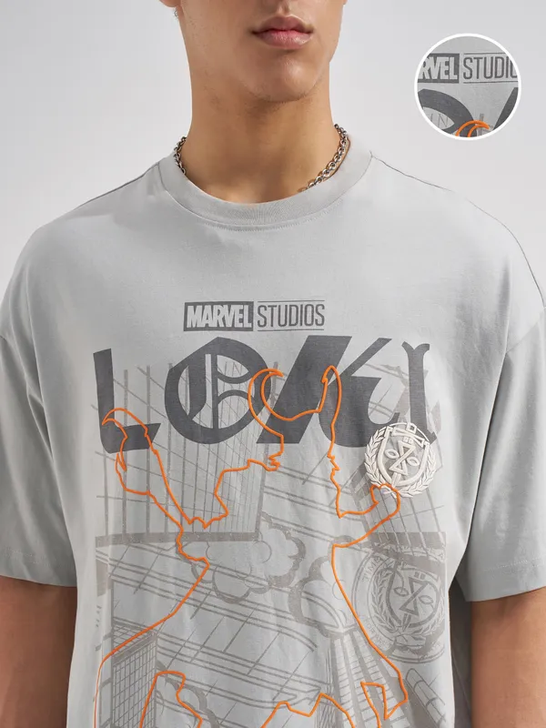 Marvel By Highlander Men Grey loki Printed Round Neck Oversized Fit T-Shirt