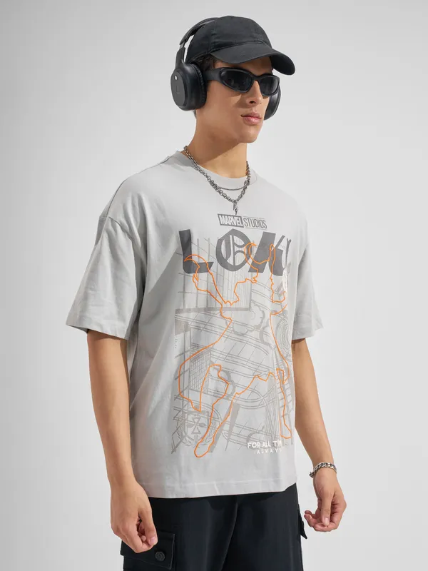 Marvel By Highlander Men Grey loki Printed Round Neck Oversized Fit T-Shirt