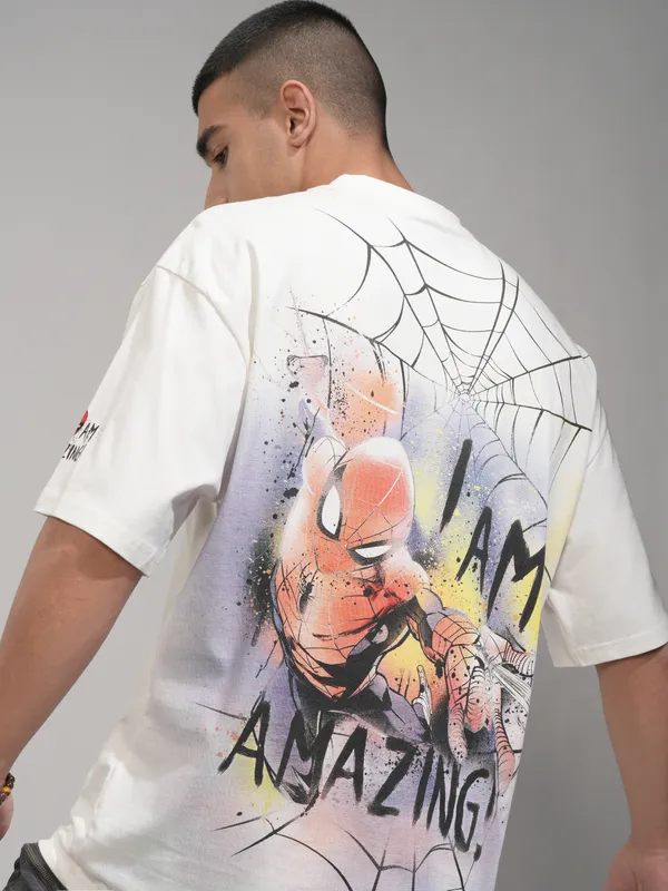Marvel By Highlander Men Off White Spider-Man Printed Round Neck Oversized Fit T-Shirt