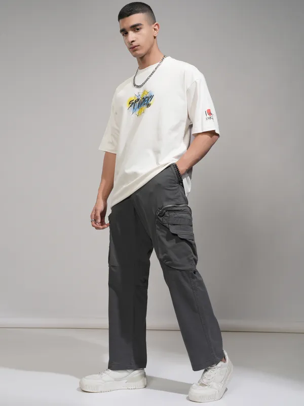 Marvel By Highlander Men Off White Spider-Man Printed Round Neck Oversized Fit T-Shirt