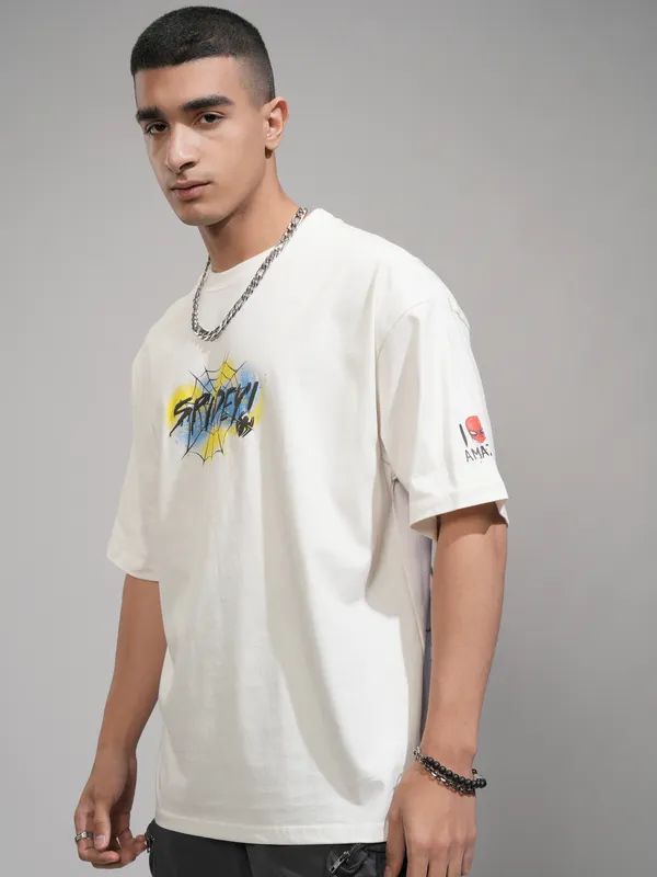 Marvel By Highlander Men Off White Spider-Man Printed Round Neck Oversized Fit T-Shirt