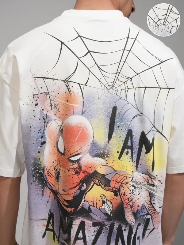 Marvel By Highlander Men Off White Spider-Man Printed Round Neck Oversized Fit T-Shirt