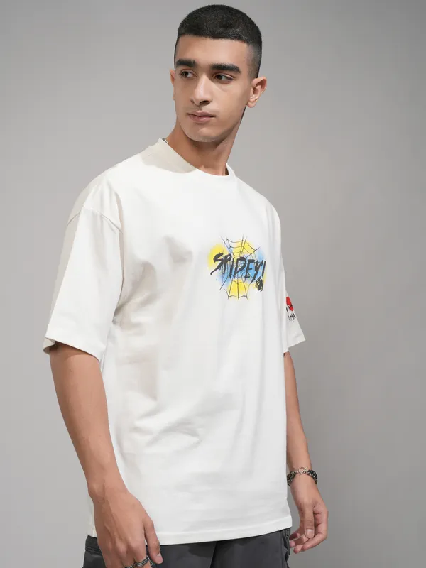 Marvel By Highlander Men Off White Spider-Man Printed Round Neck Oversized Fit T-Shirt