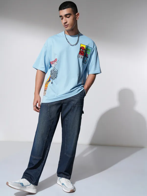 Marvel By Highlander Men Blue Spider-Man Printed Round Neck Oversized Fit T-Shirt