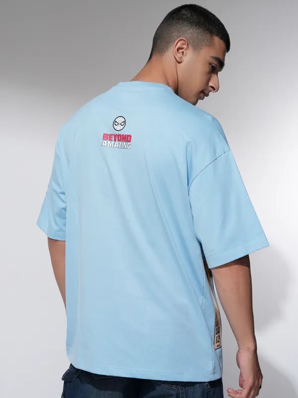 Marvel By Highlander Men Blue Spider-Man Printed Round Neck Oversized Fit T-Shirt