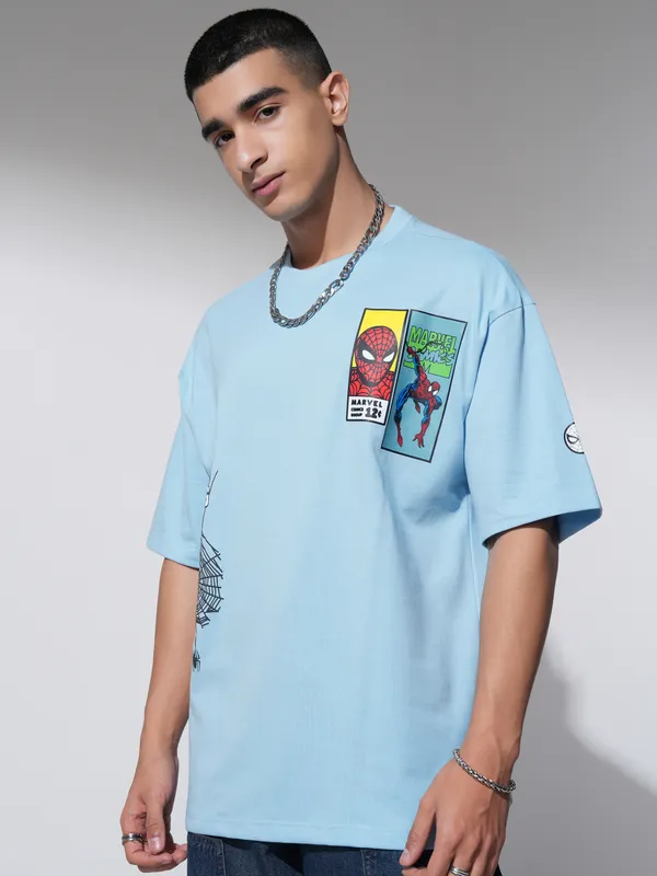 Marvel By Highlander Men Blue Spider-Man Printed Round Neck Oversized Fit T-Shirt