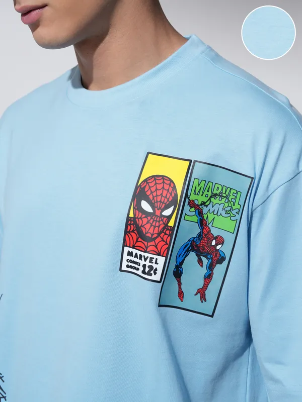 Marvel By Highlander Men Blue Spider-Man Printed Round Neck Oversized Fit T-Shirt