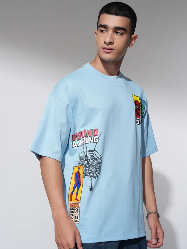 Marvel By Highlander Men Blue Spider-Man Printed Round Neck Oversized Fit T-Shirt