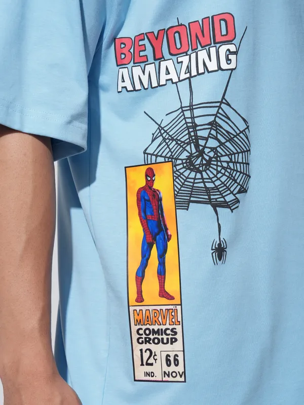 Marvel By Highlander Men Blue Spider-Man Printed Round Neck Oversized Fit T-Shirt