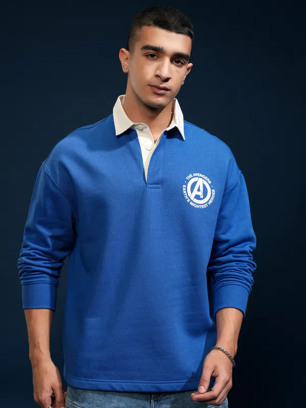 Marvel By Highlander Men Blue Avengers Printed Polo Collar T-Shirt