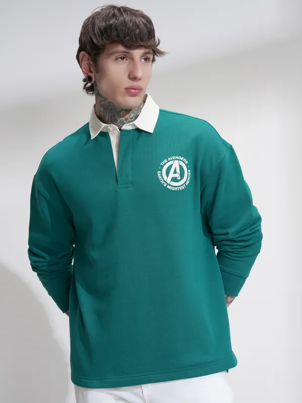 Marvel By Highlander Men Green Avengers Printed Oversized Fit T-Shirt