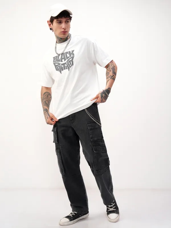 Marvel By Highlander Men White Black Panther Printed Round Neck T-Shirt