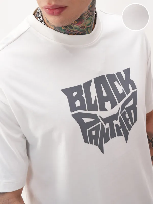 Marvel By Highlander Men White Black Panther Printed Round Neck T-Shirt