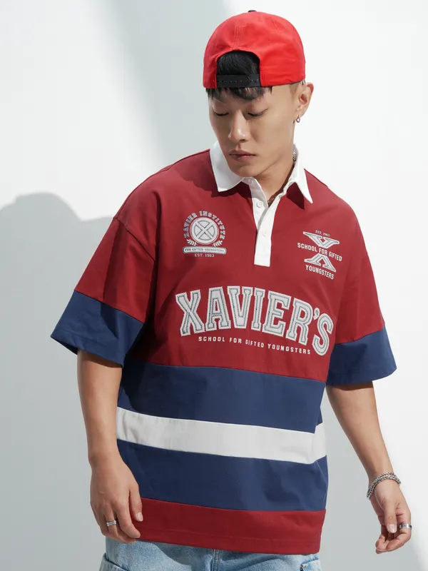 Marvel By Highlander Men Maroon X-Men Printed Polo Collar Oversized Fit T-Shirt