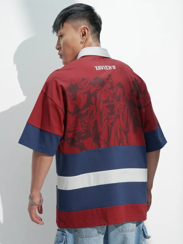 Marvel By Highlander Men Maroon X-Men Printed Polo Collar Oversized Fit T-Shirt