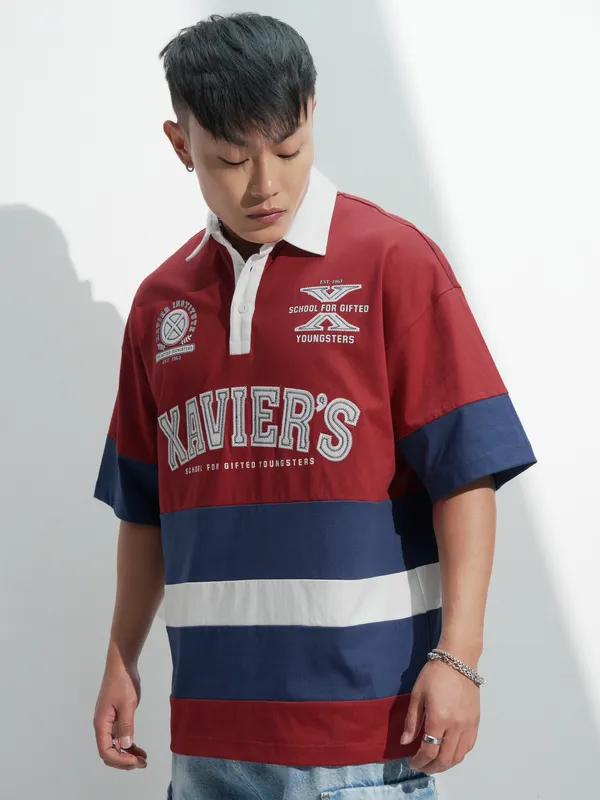 Marvel By Highlander Men Maroon X-Men Printed Polo Collar Oversized Fit T-Shirt