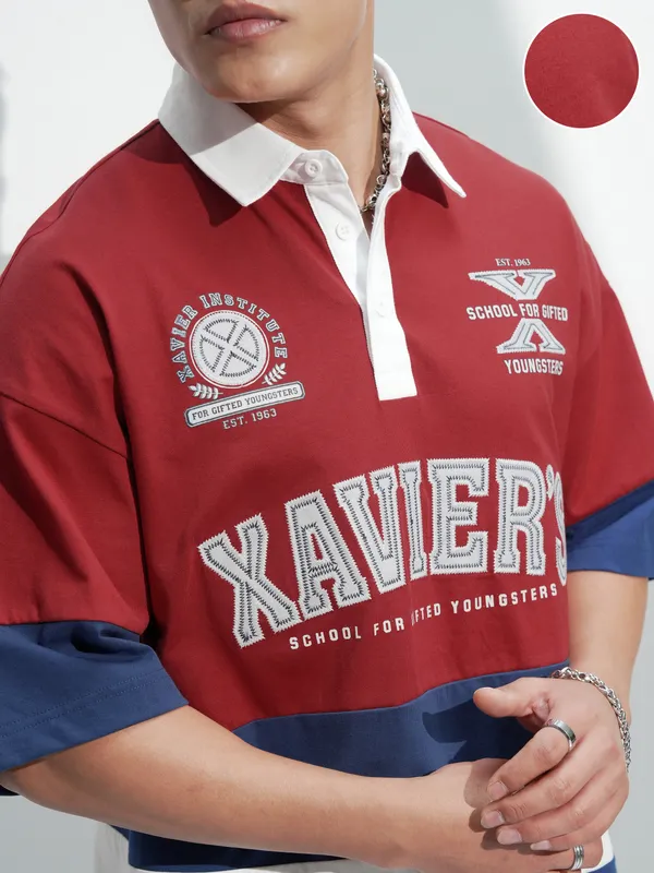 Marvel By Highlander Men Maroon X-Men Printed Polo Collar Oversized Fit T-Shirt