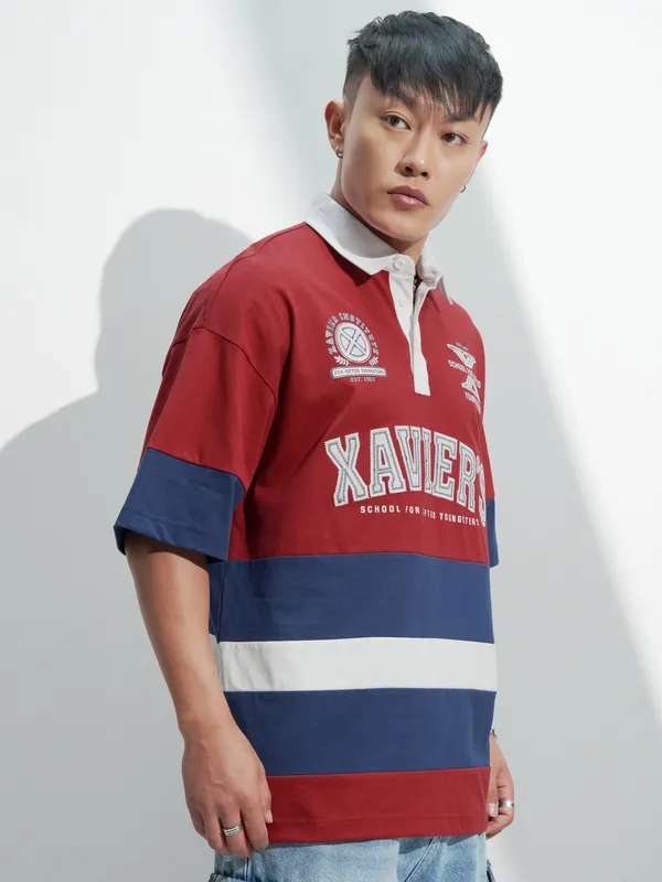 Marvel By Highlander Men Maroon X-Men Printed Polo Collar Oversized Fit T-Shirt