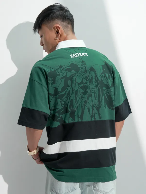 Marvel By Highlander Men Green X-Men Printed Polo Collar Oversized Fit T-Shirt