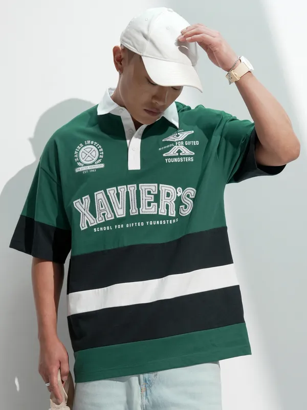 Marvel By Highlander Men Green X-Men Printed Polo Collar Oversized Fit T-Shirt