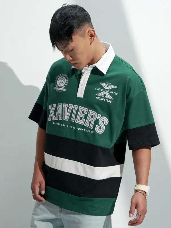 Marvel By Highlander Men Green X-Men Printed Polo Collar Oversized Fit T-Shirt