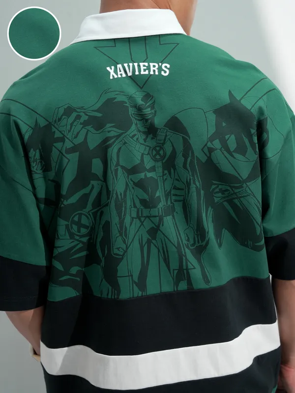 Marvel By Highlander Men Green X-Men Printed Polo Collar Oversized Fit T-Shirt