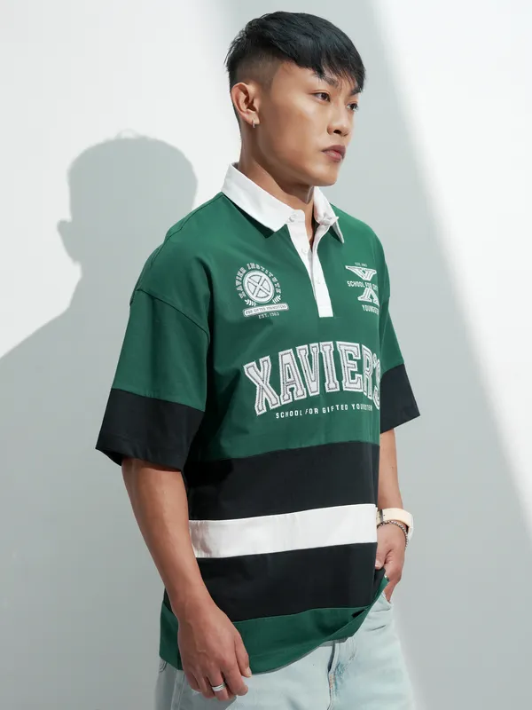 Marvel By Highlander Men Green X-Men Printed Polo Collar Oversized Fit T-Shirt