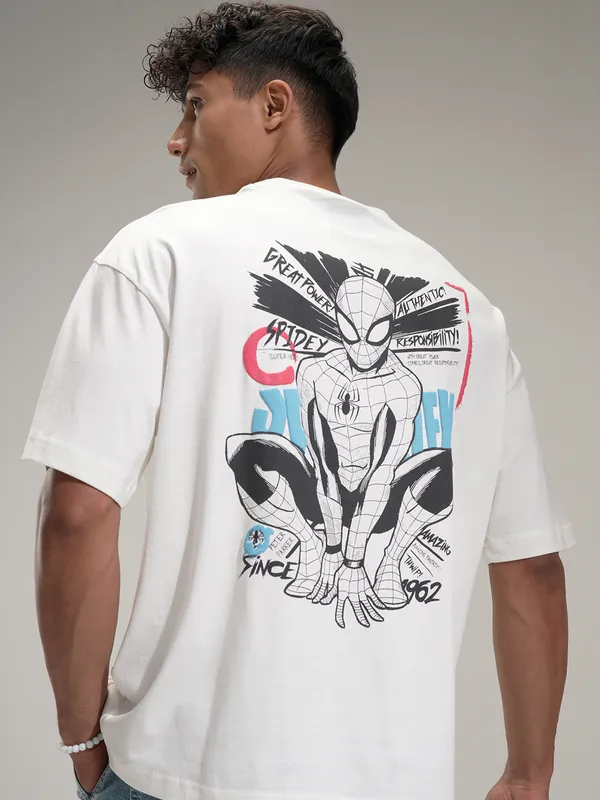Marvel By Highlander Men Off White Spider-Man Printed Round Neck Oversized Fit T-Shirt