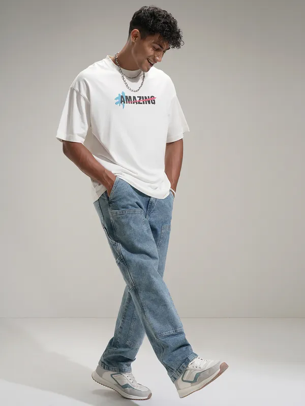 Marvel By Highlander Men Off White Spider-Man Printed Round Neck Oversized Fit T-Shirt