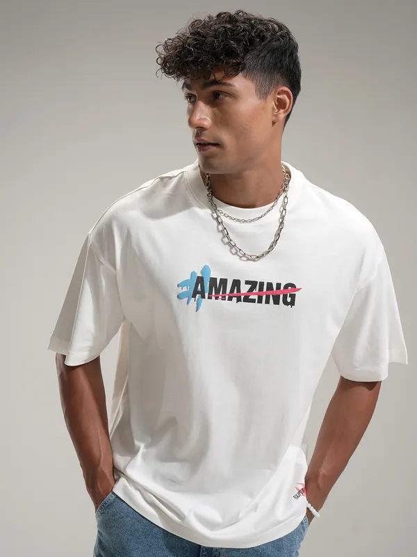 Marvel By Highlander Men Off White Spider-Man Printed Round Neck Oversized Fit T-Shirt