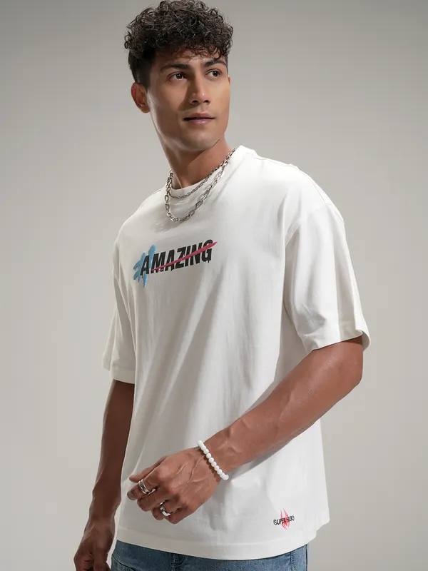 Marvel By Highlander Men Off White Spider-Man Printed Round Neck Oversized Fit T-Shirt