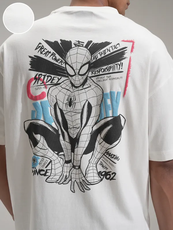 Marvel By Highlander Men Off White Spider-Man Printed Round Neck Oversized Fit T-Shirt