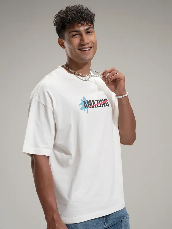 Marvel By Highlander Men Off White Spider-Man Printed Round Neck Oversized Fit T-Shirt