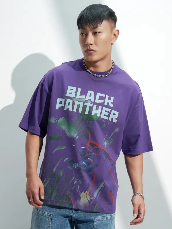 Marvel By Highlander Men Purple Black Panther Printed Round Neck Oversized Fit T-Shirt