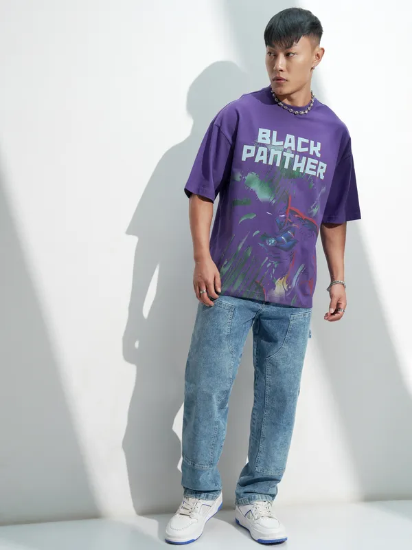 Marvel By Highlander Men Purple Black Panther Printed Round Neck Oversized Fit T-Shirt